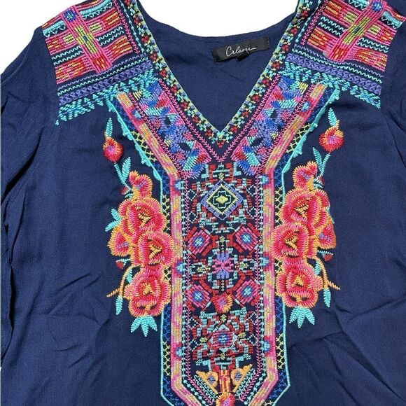 CALESSA Embroidered Blouse Blue Size Medium - Picture 3 of 7